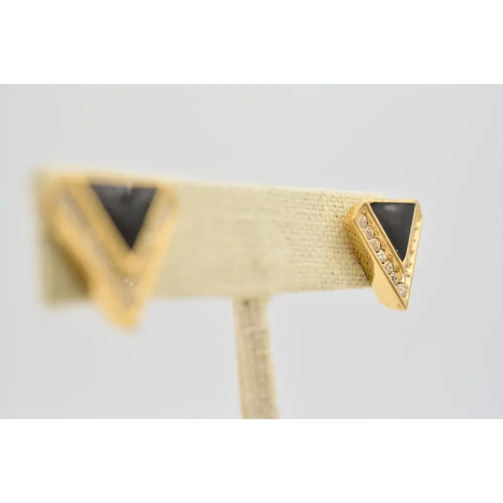 Vintage Triangle Earrings Black Enamel Pave Rhinestone Crystal Stud Gold 80s 9L